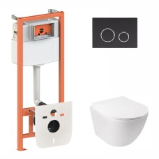 Готове рішення Qtap для ванної кімнати: підвісний унітаз Jay Rimless 520х360х320 + комплект інсталяції Nest 4 в 1 (кругла клавіша Black mat)