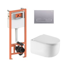 Готове рішення Qtap для ванної кімнати: підвісний унітаз Taurus Ultra Quiet 485×360×350 + комплект інсталяції Nest 4 в 1 (лінійна клавіша Satin)