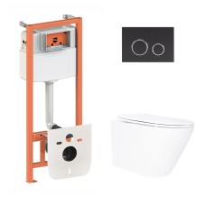 Готове рішення Qtap для ванної кімнати: підвісний унітаз Swan Ultra Quiet 520x360x320 + комплект інсталяції Nest 4 в 1 (кругла клавіша Matt Black)