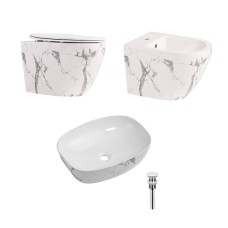 Комплект Qtap Robin Marble 3 в 1: підвісний унітаз Ultra Quiet + біде підвісне + раковина накладна QTROBMR49160 Комплект Qtap Robin Marble 3 в 1: підвісний унітаз Ultra Quiet + біде підвісне + раковина накладна QTROBMR49160