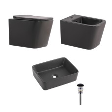 Комплект Qtap Tern Anthracite 3 в 1: підвісний унітаз Ultra Quiet + біде підвісне + раковина накладна QTROBAN49157
