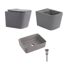 Комплект Qtap Tern Stone grey 3 в 1: підвісний унітаз Ultra Quiet + біде підвісне + раковина накладна QTTERSG49162