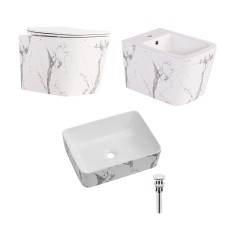 Комплект Qtap Tern Marble 3 в 1: підвісний унітаз Ultra Quiet + біде підвісне + раковина накладна QTTERMR49164