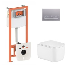 Готове рішення Qtap для ванної кімнати: підвісний унітаз Gemini Ultra Quiet 485×340×350 + комплект інсталяції Nest 4 в 1 (лінійна клавіша Satin)